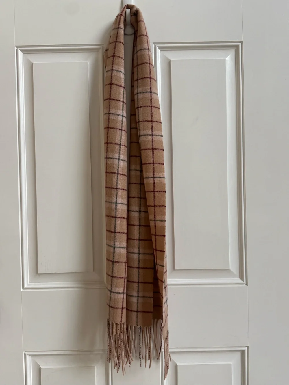 100% cashmere beige plaid scarf with fringe Enzo Mantovani quiet luxury Acadamia